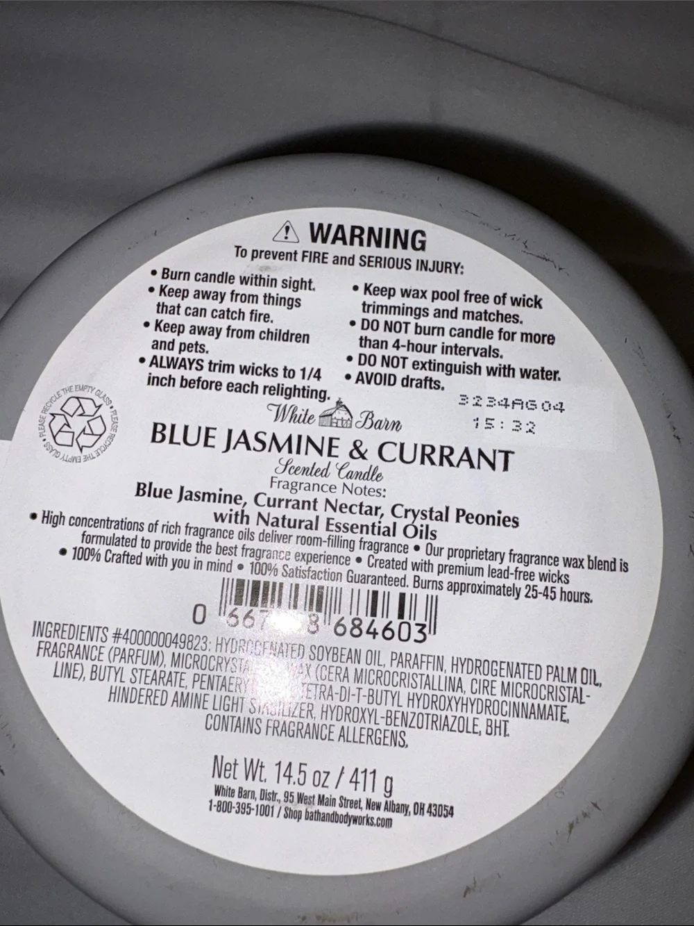 Bath & Body Works White Barn candle 14.5 oz 3 wick new Currant and Blue Jasmine